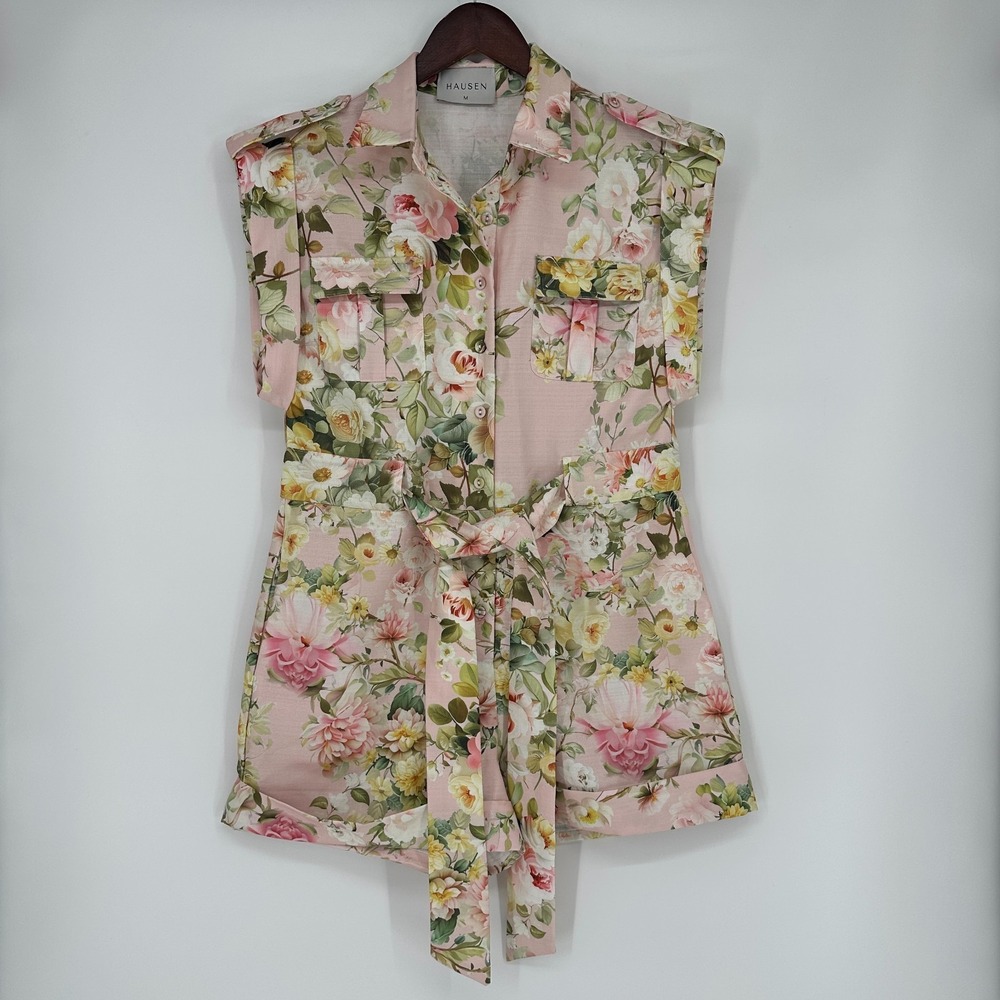 Hausen Romper Pink Floral Short utility tie waist medium shorts